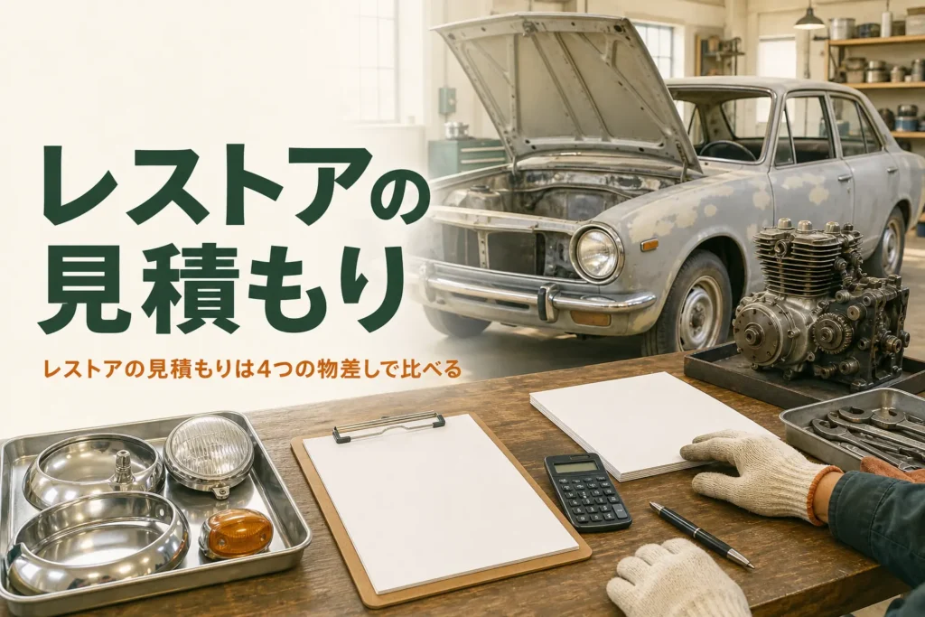 レストアの見積もりの取り方を紹介する記事のアイキャッチ。ガレージの作業台に置いた見積書と古い小型セダン