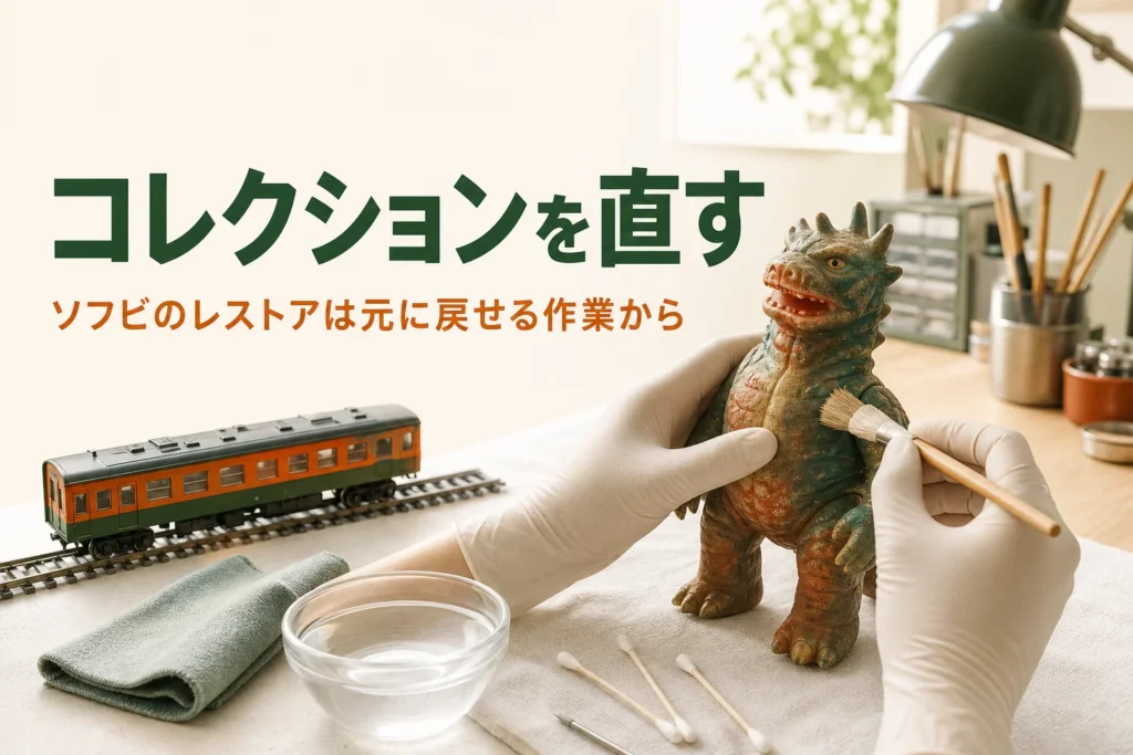 ソフビのレストアを紹介する記事のアイキャッチ。作業机に並んだソフビ人形と鉄道模型、手入れの道具