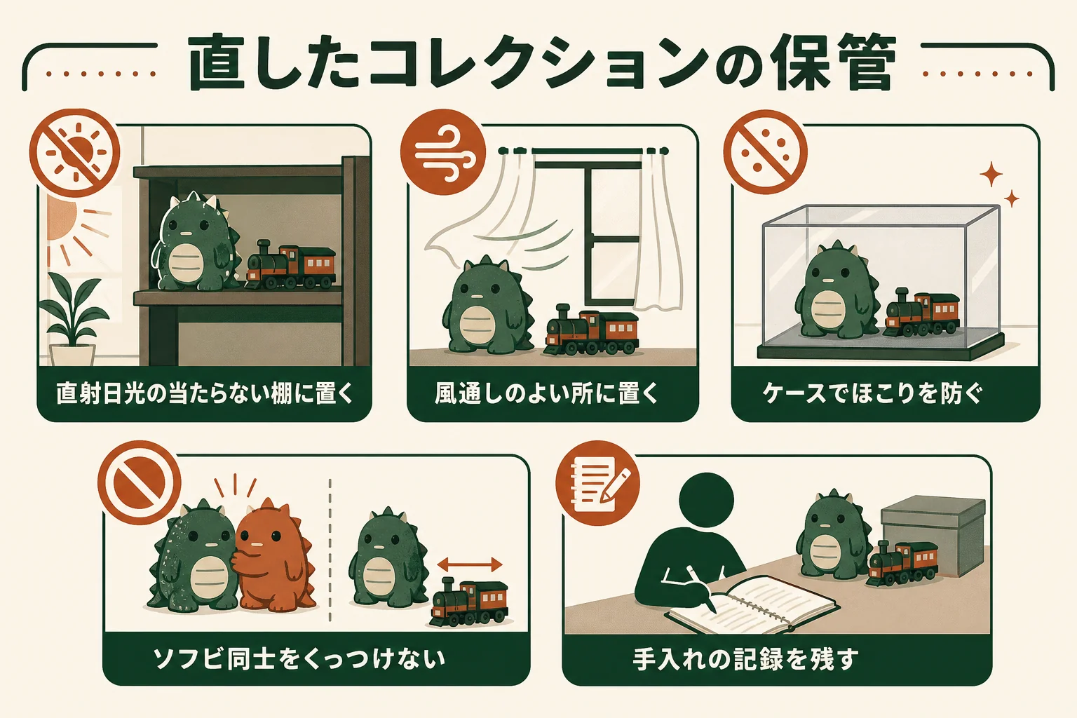 直した模型やソフビを長く楽しむために、日光・湿気・ほこりを避ける保管のしかたをまとめた図解