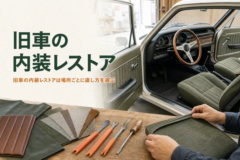 旧車の内装レストアを紹介する記事のアイキャッチ。張り替えたシートと木のステアリングの古い車の車内