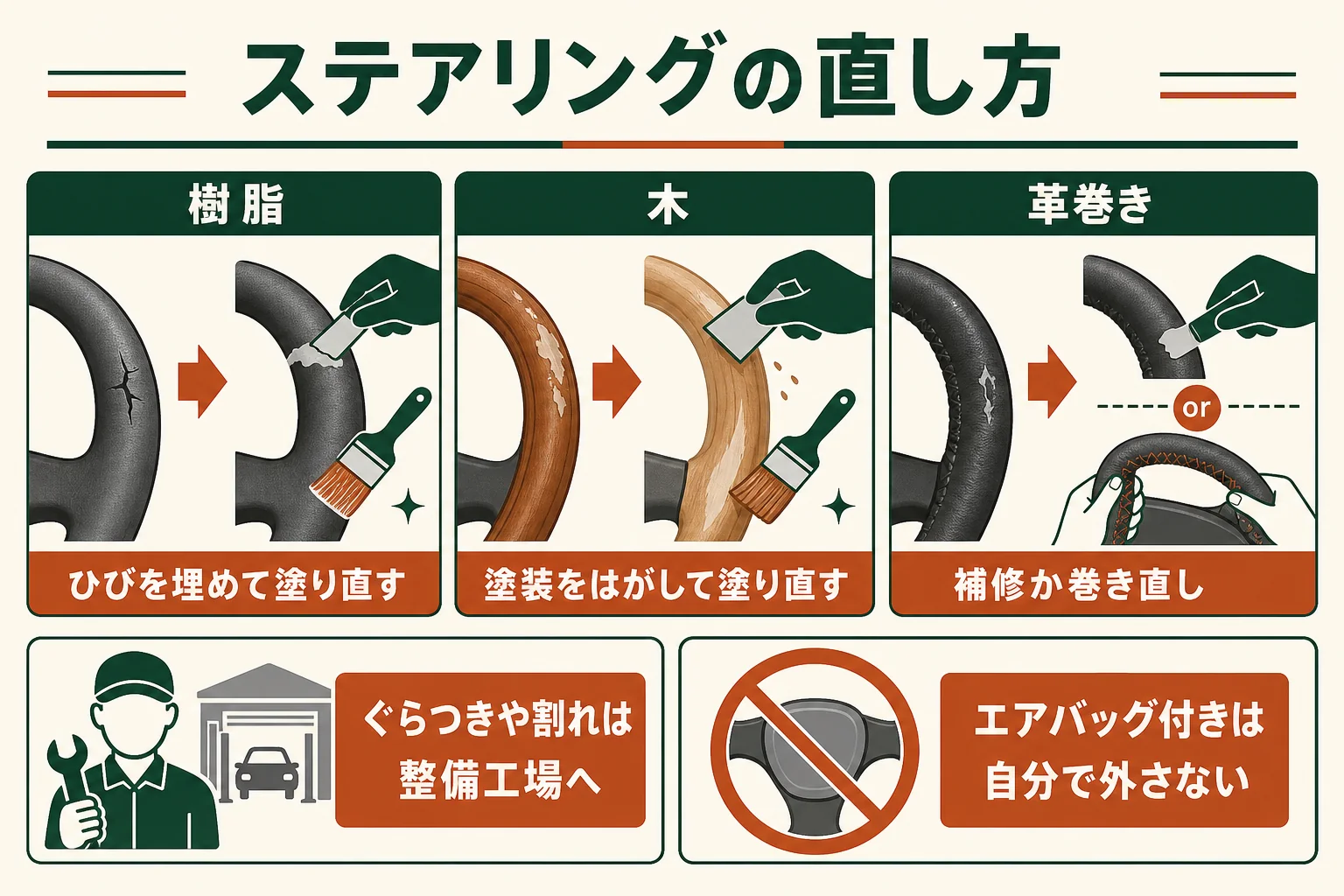 ステアリングのレストアを、樹脂・木・革巻きの素材ごとに直し方を並べた図解