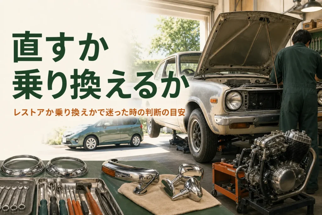 レストアか乗り換えかの判断の目安を紹介する記事のアイキャッチ。ガレージの古い車と外に停まる新しい車