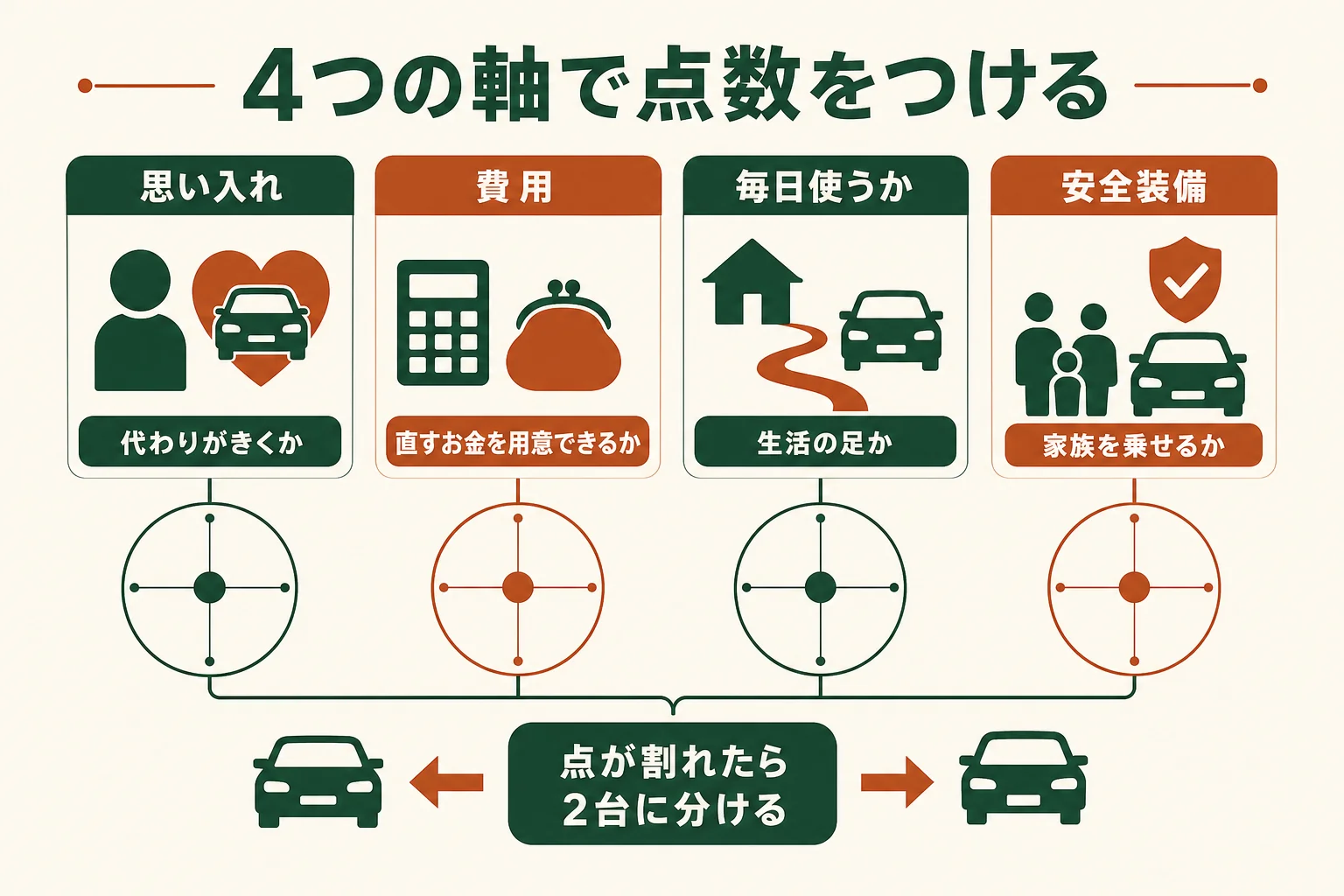 レストアか乗り換えかを、思い入れ・費用・毎日使うか・安全装備の4つの軸で点数をつける図解