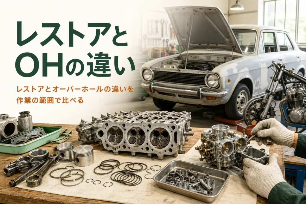 レストアとオーバーホールの違いを紹介する記事のアイキャッチ。作業台に並んだエンジン部品と古い乗用車