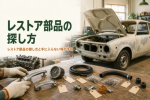 レストア部品の探し方を紹介する記事のアイキャッチ。作業台に並んだ古い車の部品とガレージの旧車