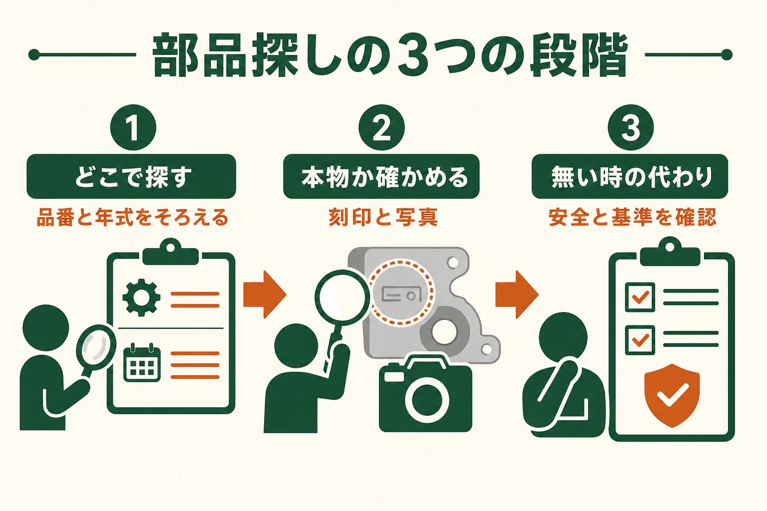 旧車の部品探しを、どこで探すか・本物か確かめる・無い時の代わりの3段階で進めるチェック表の図解