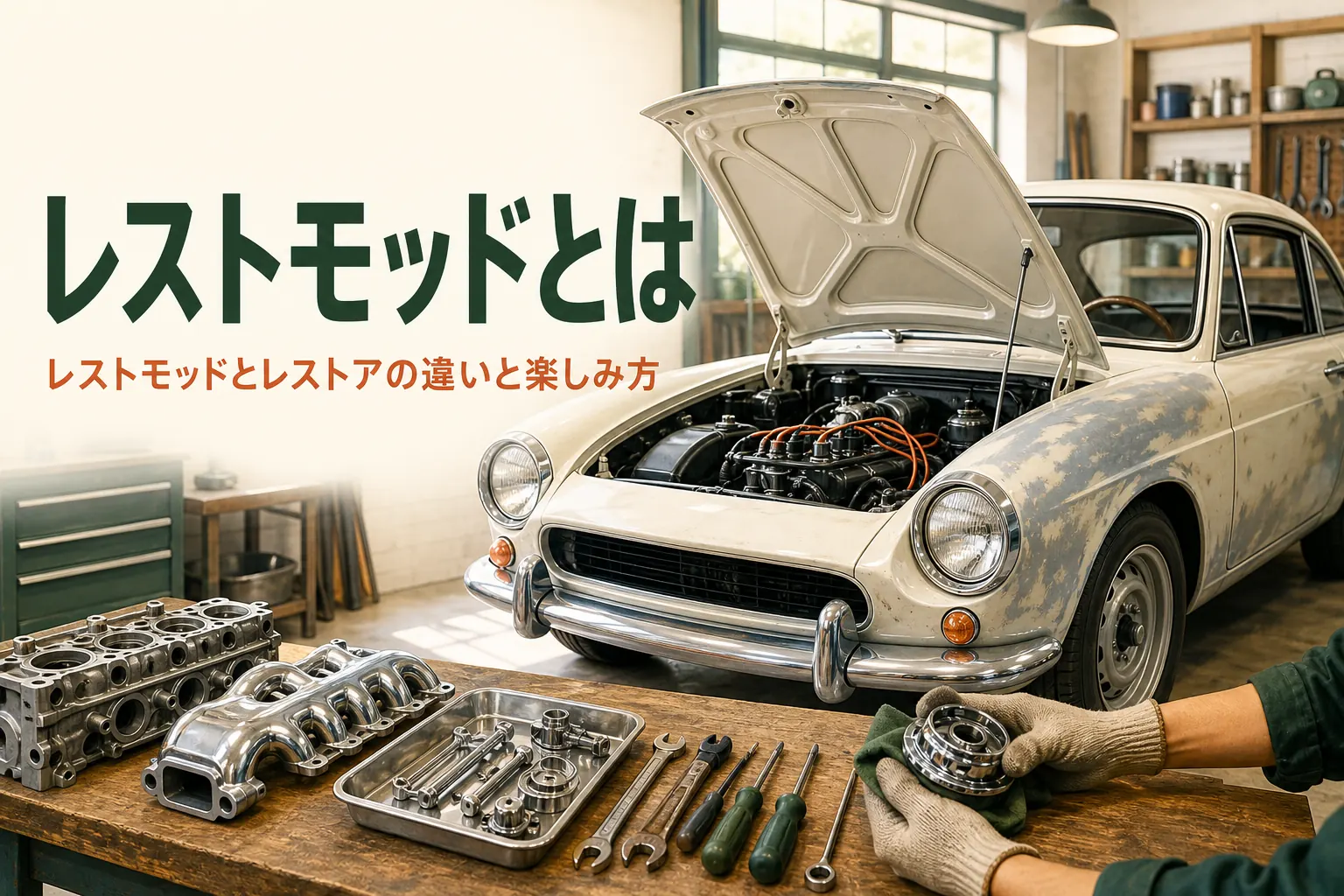 レストモッドとレストアの違いを紹介する記事のアイキャッチ。当時風の外観の古いクーペと整えられたエンジンルーム