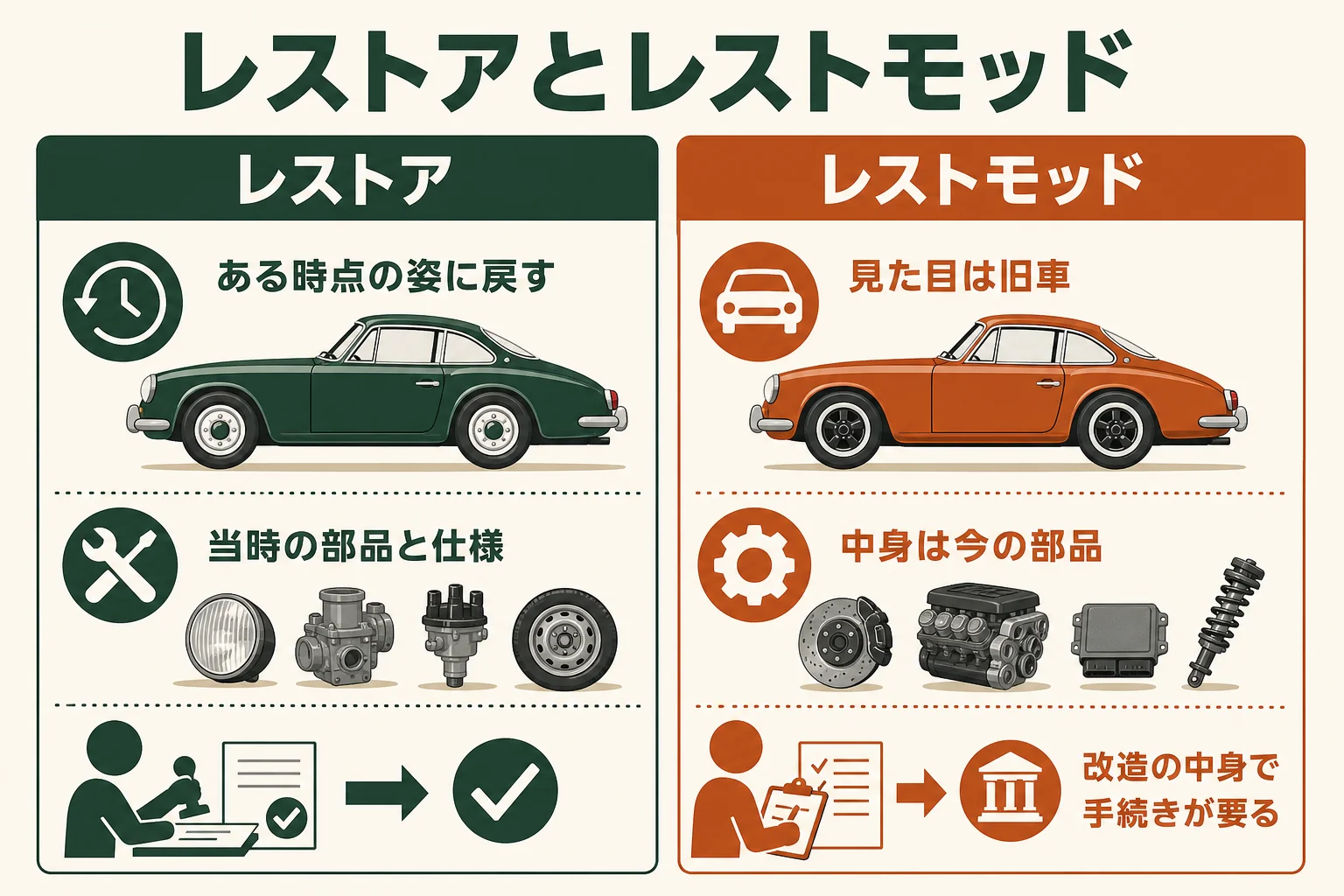 レストアとレストモッドの違いを、ゴール・部品の選び方・手続きで比べた図解