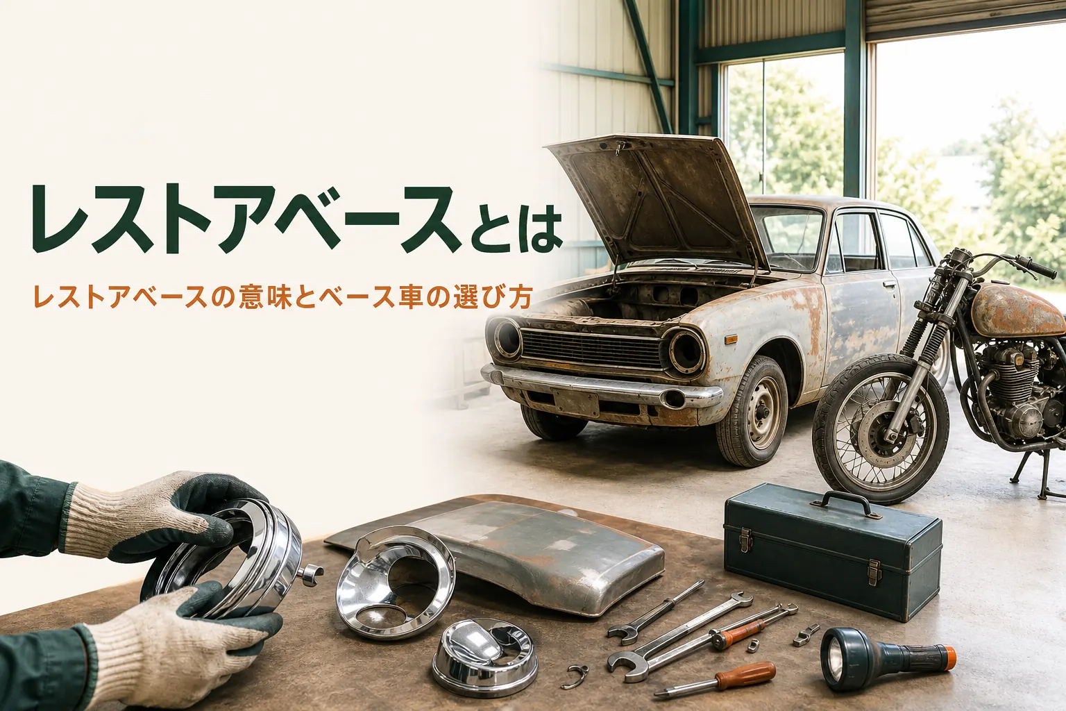 レストアベースの意味とベース車の選び方を紹介する記事のアイキャッチ。倉庫に置かれた錆の出た古い車とバイク