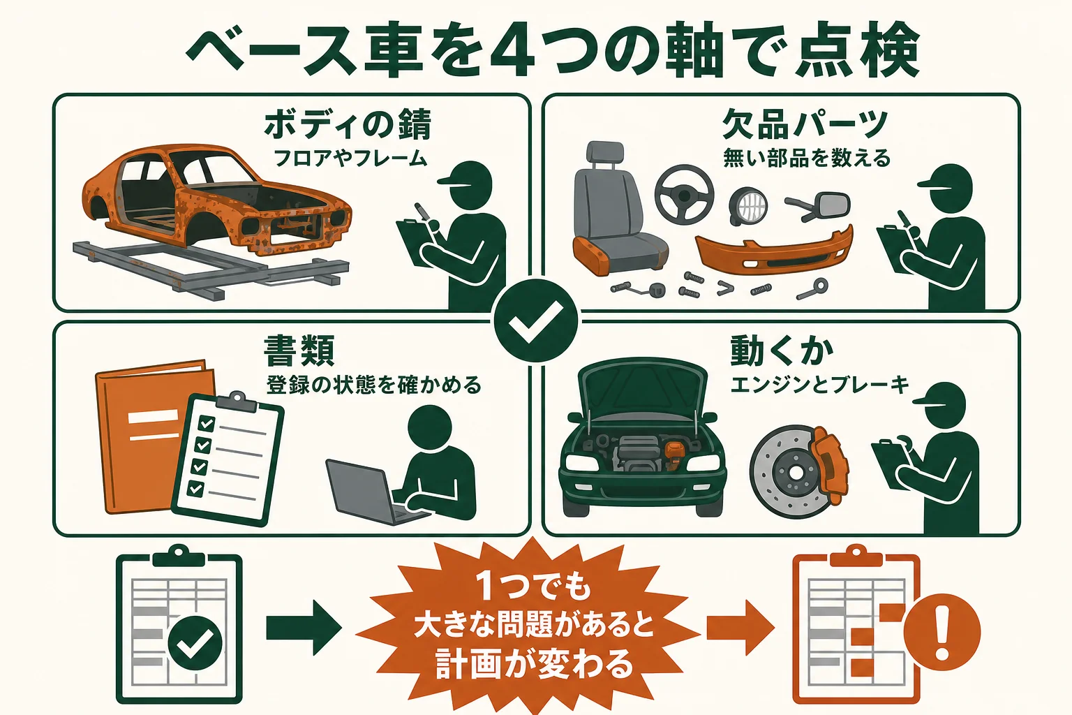 レストアベース車をボディの錆・欠品パーツ・書類・動くかの4つの軸で点検するチェック表の図解
