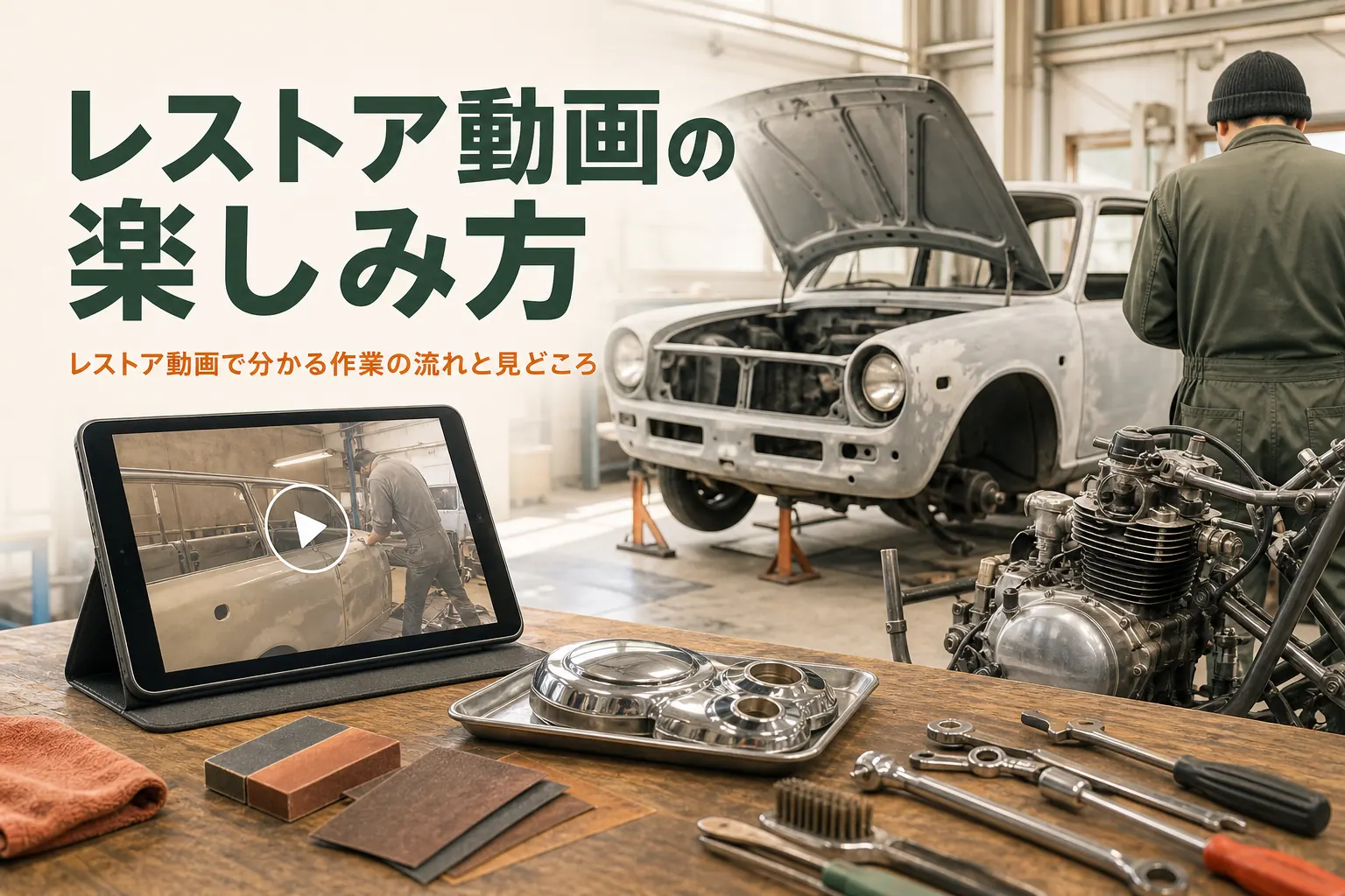 レストア動画で分かる作業の流れと見どころを紹介する記事のアイキャッチ。ガレージのタブレットと下地処理をした古い車