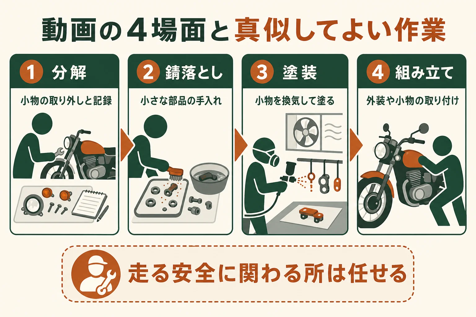 レストア動画でよく出る分解・錆落とし・塗装・組み立ての4場面を、自分で真似しやすい作業と任せたい作業に分けた図解