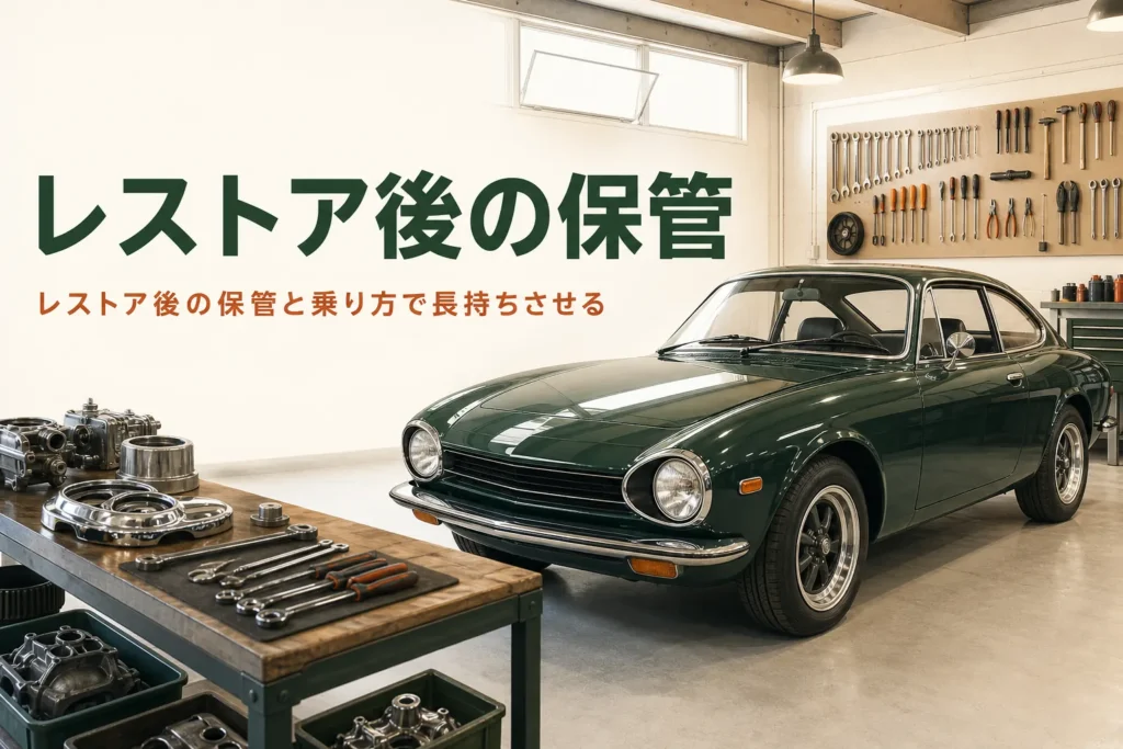 レストア後の乗り方と保管を紹介する記事のアイキャッチ。明るいガレージに置かれた仕上がった古い車
