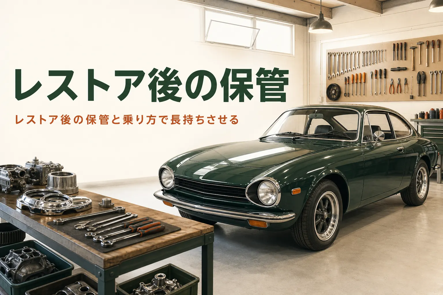 レストア後の乗り方と保管を紹介する記事のアイキャッチ。明るいガレージに置かれた仕上がった古い車