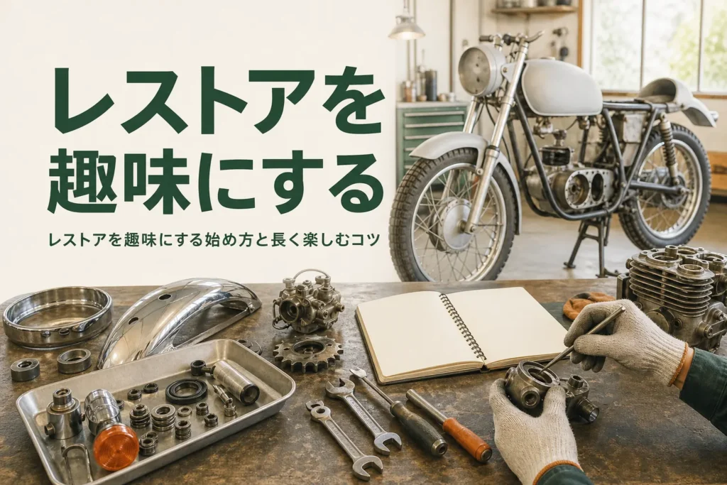 レストアを趣味にする始め方と長く楽しむコツを紹介する記事のアイキャッチ。ガレージの作業台と下地処理をした古いバイク