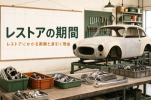 レストアにかかる期間と長引く理由を紹介する記事のアイキャッチ。ガレージで作業途中の古い車のボディ