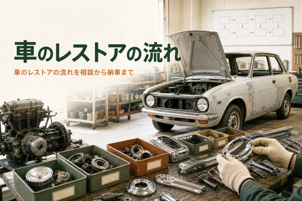 車のレストアの流れを、相談から納車までの工程で紹介する記事のアイキャッチ。ガレージの古い小型セダンと仕分けした部品