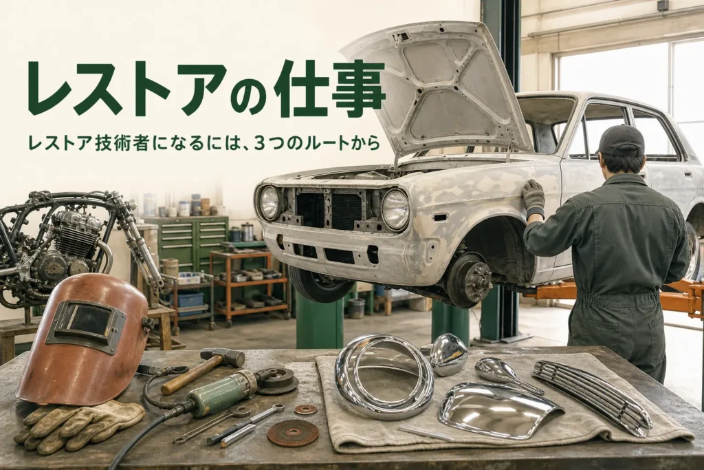 レストアの仕事とレストア技術者になる道を紹介する記事のアイキャッチ。整備工場で下地処理をした古い車に向かう作業者の後ろ姿