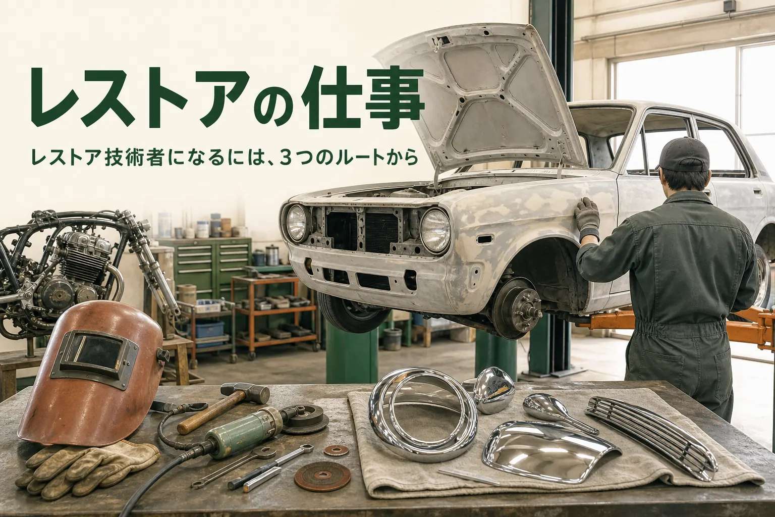 レストアの仕事とレストア技術者になる道を紹介する記事のアイキャッチ。整備工場で下地処理をした古い車に向かう作業者の後ろ姿