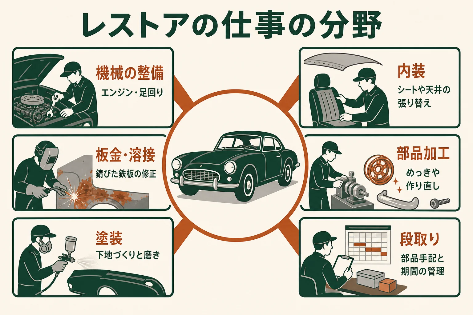 レストアの仕事を、機械の整備・板金と溶接・塗装・内装・部品加工・段取りの分野に分けて示した図解