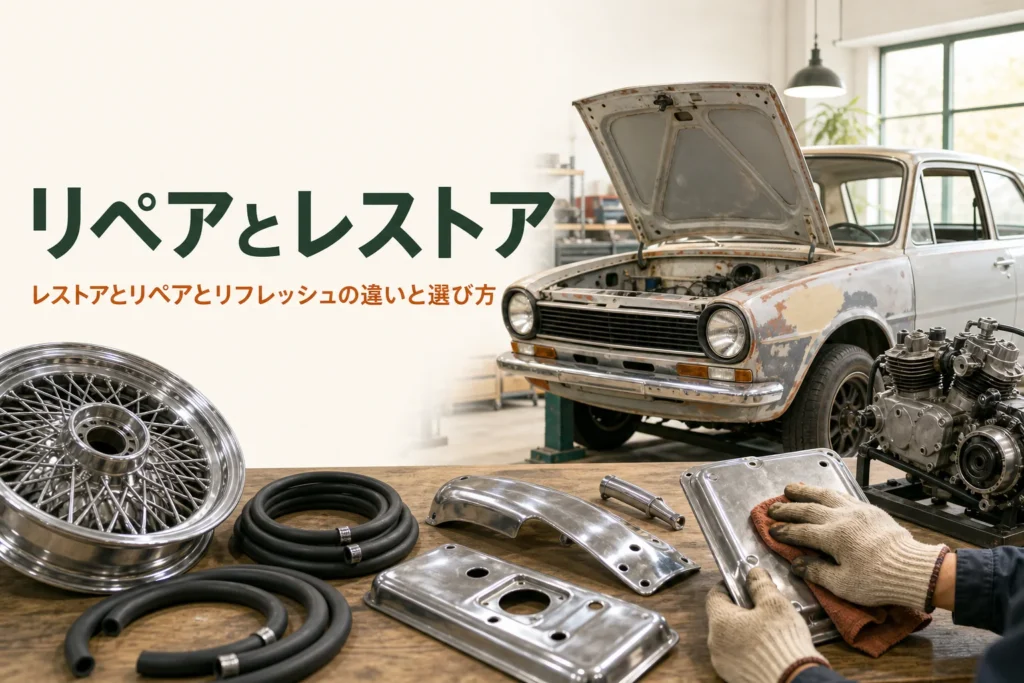 レストアとリペア、リフレッシュの違いを紹介する記事のアイキャッチ。作業台に並んだ部品と古い乗用車