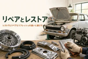 レストアとリペア、リフレッシュの違いを紹介する記事のアイキャッチ。作業台に並んだ部品と古い乗用車