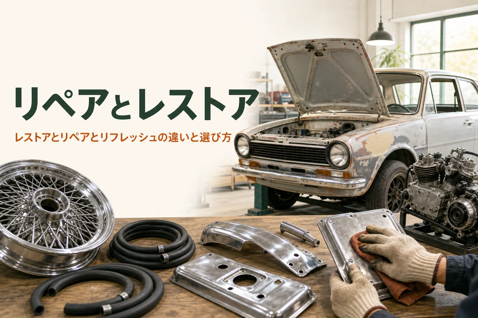 レストアとリペア、リフレッシュの違いを紹介する記事のアイキャッチ。作業台に並んだ部品と古い乗用車