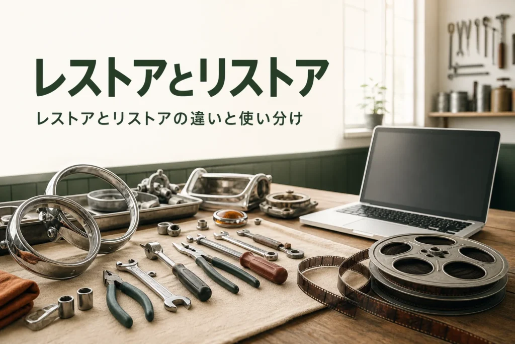 レストアとリストアの違いと、分野ごとの使い分けを紹介する記事のアイキャッチ。古い車の部品とパソコンと映画フィルム