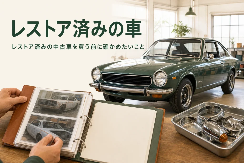 レストア済みの中古車を買う前に確かめたいことを紹介する記事のアイキャッチ。仕上がった古いクーペと作業記録のファイル