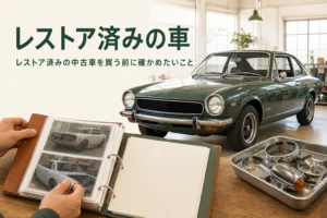 レストア済みの中古車を買う前に確かめたいことを紹介する記事のアイキャッチ。仕上がった古いクーペと作業記録のファイル