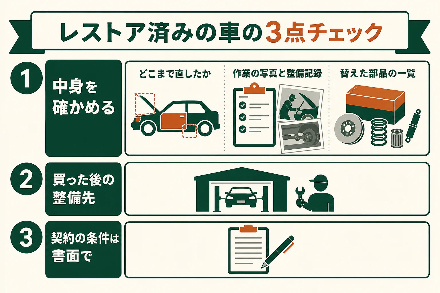 レストア済みの車をどこまで直したか・記録が残っているか・その後の整備先の3点で確かめるチェック表の図解