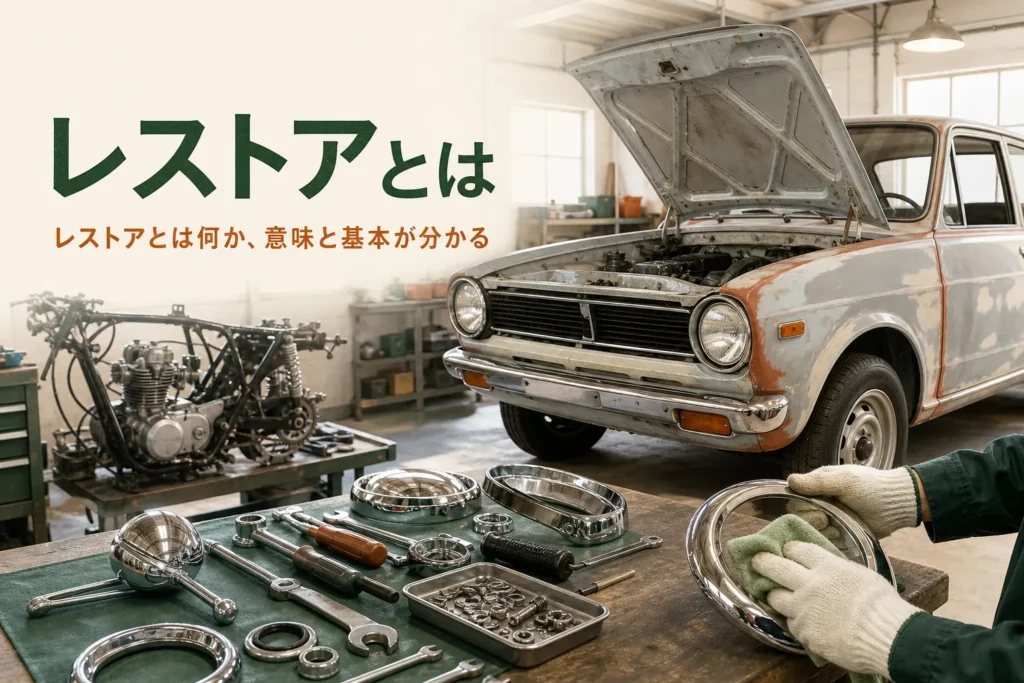 レストアとは何か、意味と車・バイクのレストアの基本を紹介する記事のアイキャッチ。ガレージの古い車と磨いた部品
