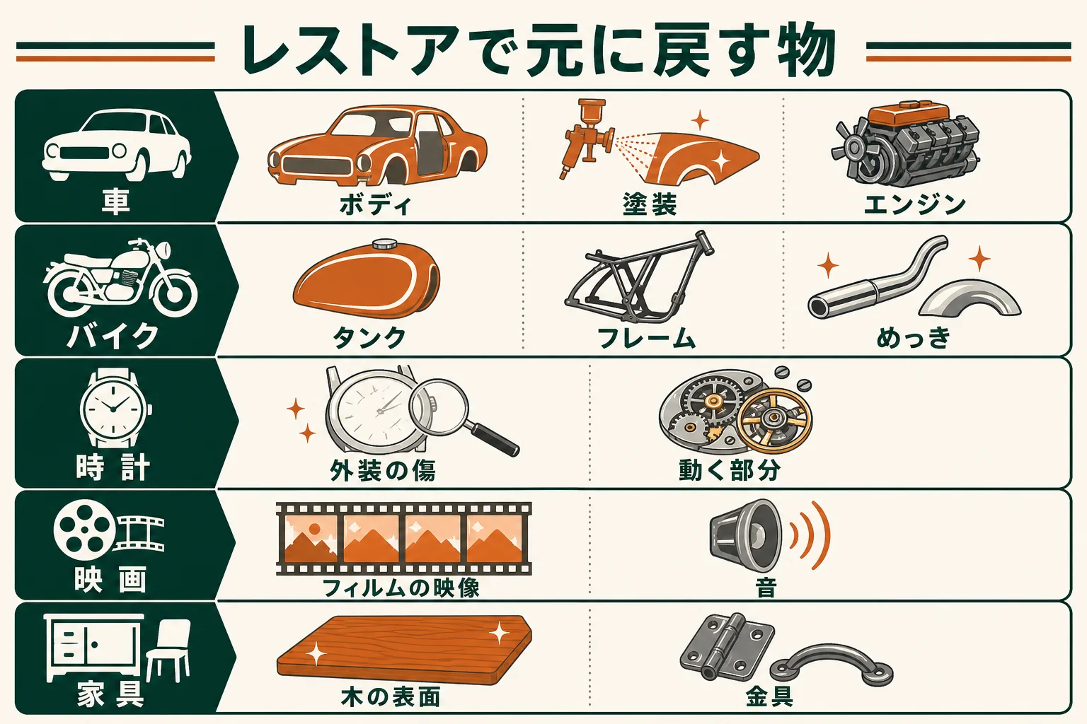 車・バイク・時計・映画・家具のレストアで、それぞれ何を元に戻すのかを並べた早見表の図解