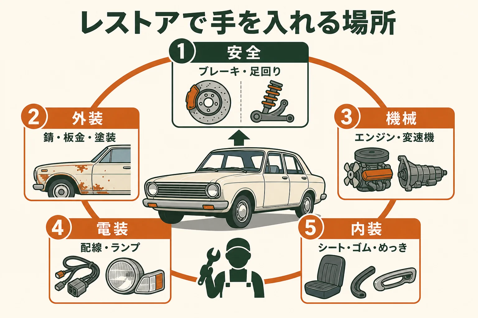 レストアでよく手を入れる場所を、外装・機械・安全・電装・内装の5つに分けて示した図解