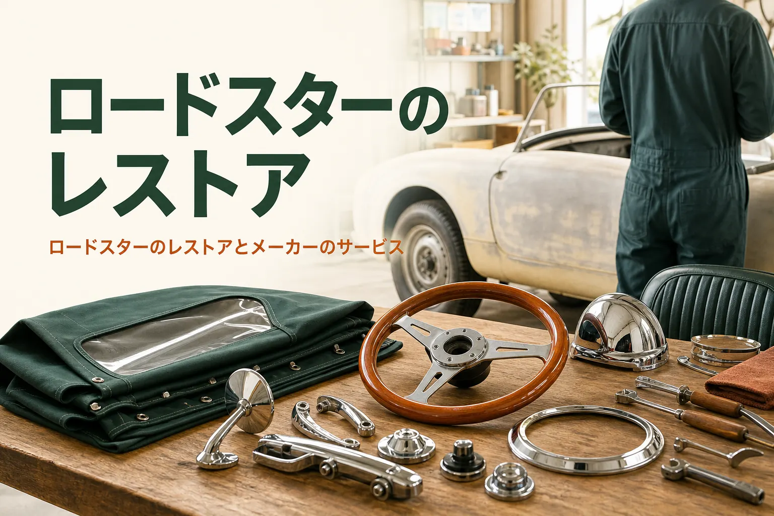 ロードスターのレストアとメーカーのサービスを紹介する記事のアイキャッチ。工房に置かれた仕上げたばかりの小さなオープンカー