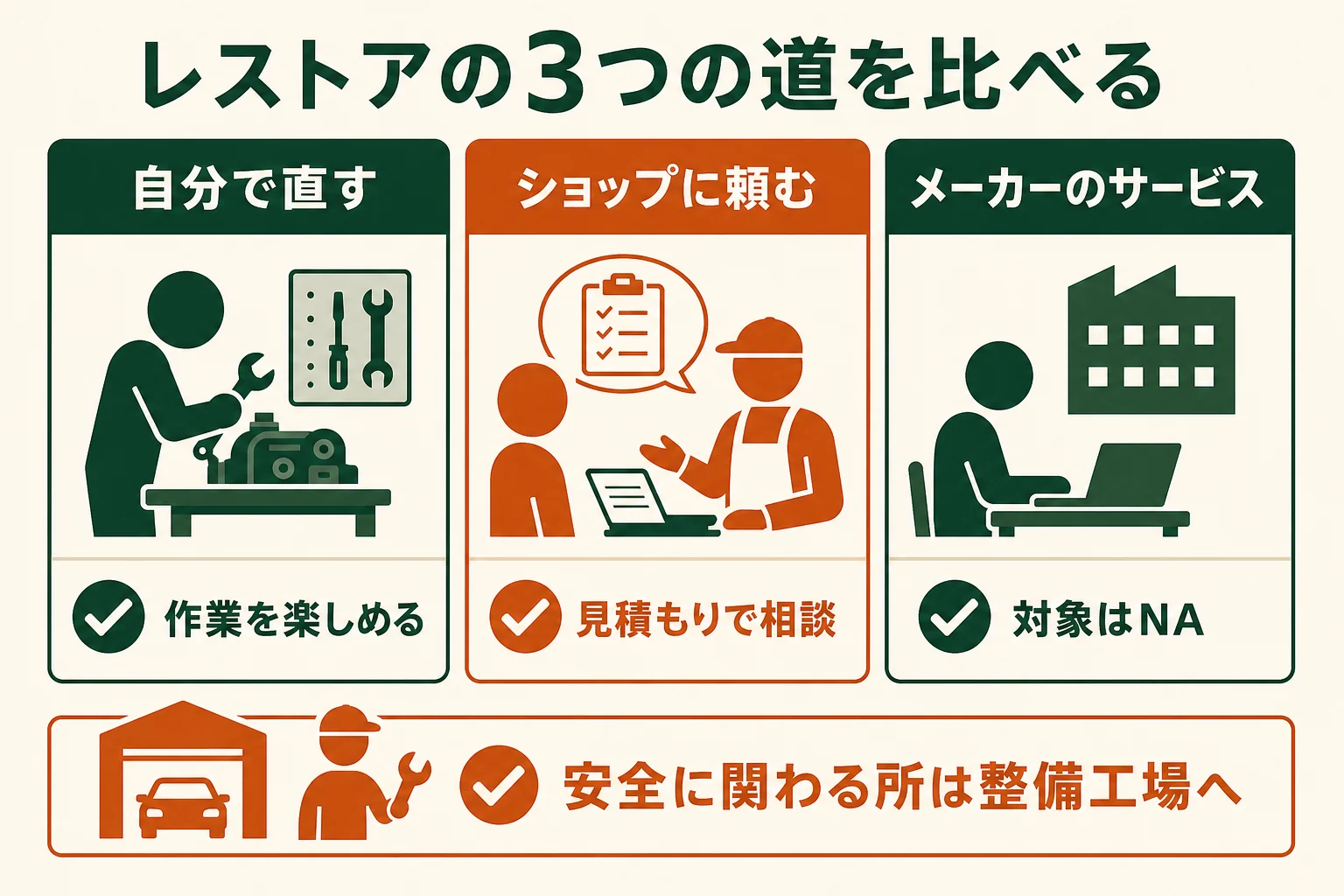 ロードスターのレストアを、自分で直す・ショップに頼む・メーカーのサービスを使うの3つで比べた図解