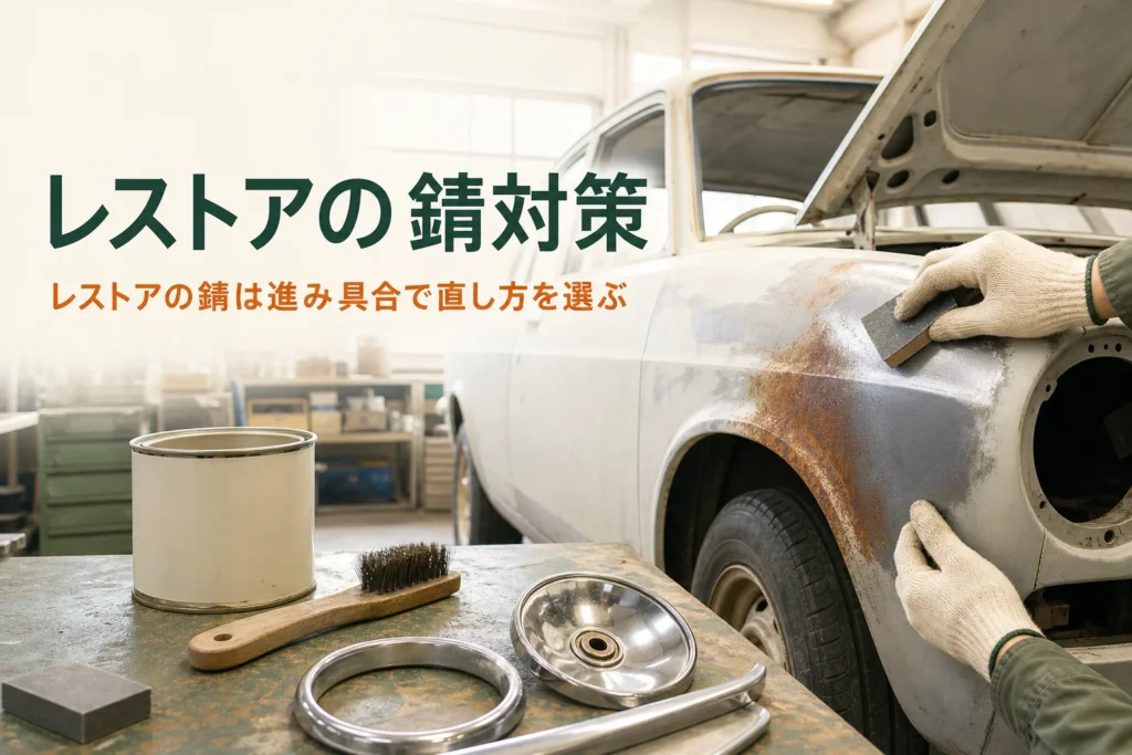 レストアの錆の直し方を紹介する記事のアイキャッチ。古い車のフェンダーの錆を落としている手元