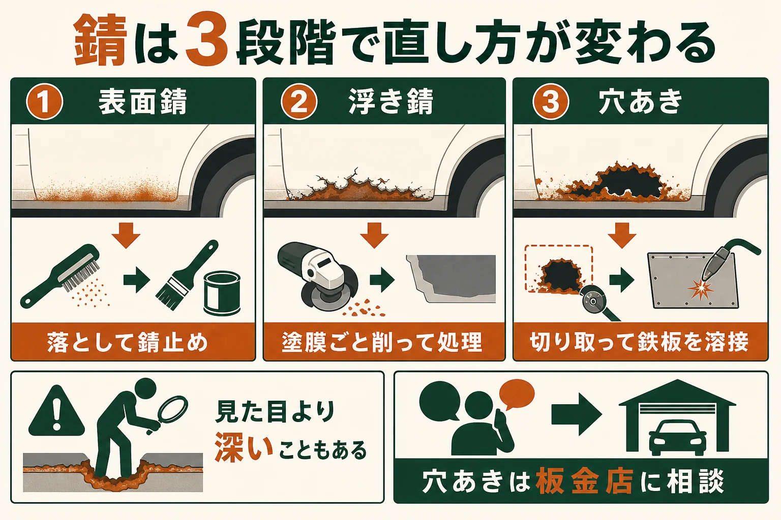 レストアの錆を表面錆・浮き錆・穴あきの3段階に分け、それぞれの直し方を並べた図解