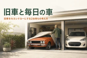 旧車をセカンドカーにして毎日の車と分ける2台持ちを紹介する記事のアイキャッチ。並んで停まる旧車と新しい車