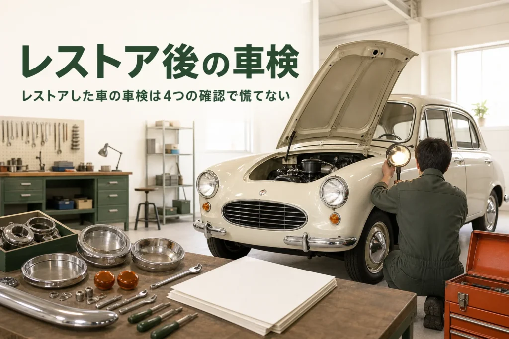 レストアした車の車検前に確かめることを紹介する記事のアイキャッチ。仕上がった古いセダンと点検の道具
