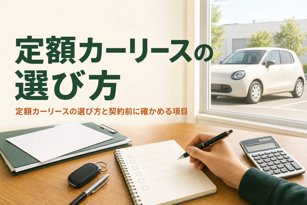 定額カーリースの選び方と契約前に確かめる項目を紹介する記事のアイキャッチ。テーブルの書類と電卓