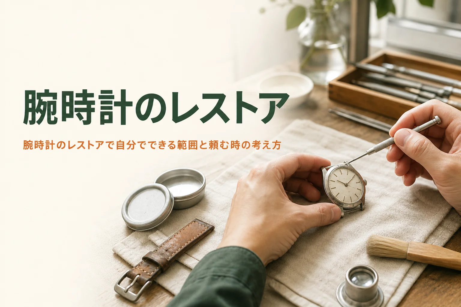 腕時計のレストアで自分でできる範囲と頼む時の考え方を紹介する記事のアイキャッチ。布の上の古い腕時計と手入れ道具