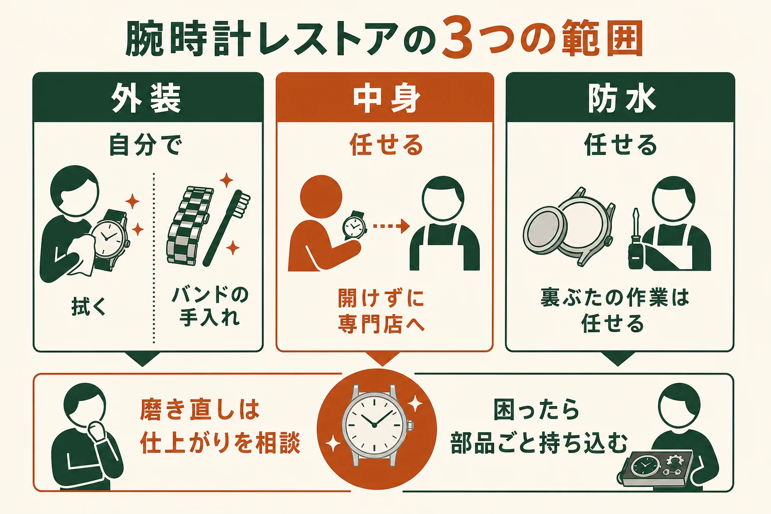 腕時計のレストアを外装・中身・防水の3つに分け、自分で触ってよい範囲と任せたい範囲を示した図解