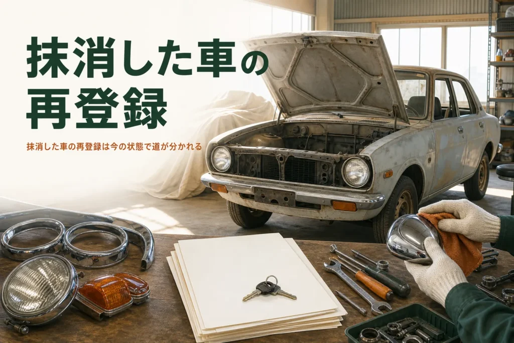 抹消した車を再登録して公道に戻す手続きを紹介する記事のアイキャッチ。倉庫で眠っていた古い車と書類