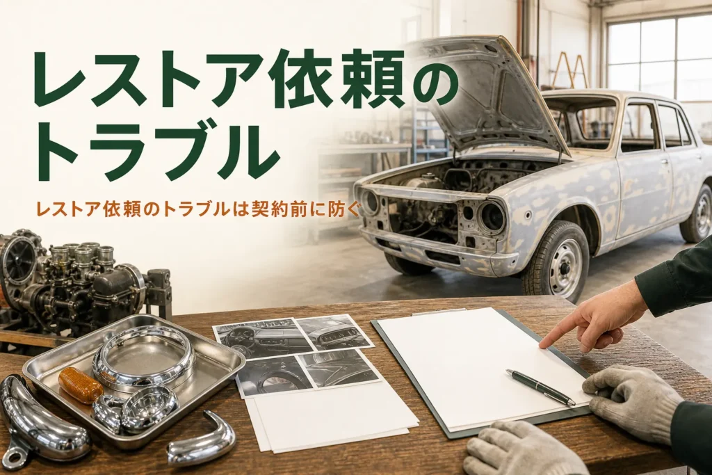 レストア依頼のトラブルを防ぐために契約前に決めることを紹介する記事のアイキャッチ。下地処理中のボディと書類