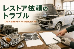 レストア依頼のトラブルを防ぐために契約前に決めることを紹介する記事のアイキャッチ。下地処理中のボディと書類
