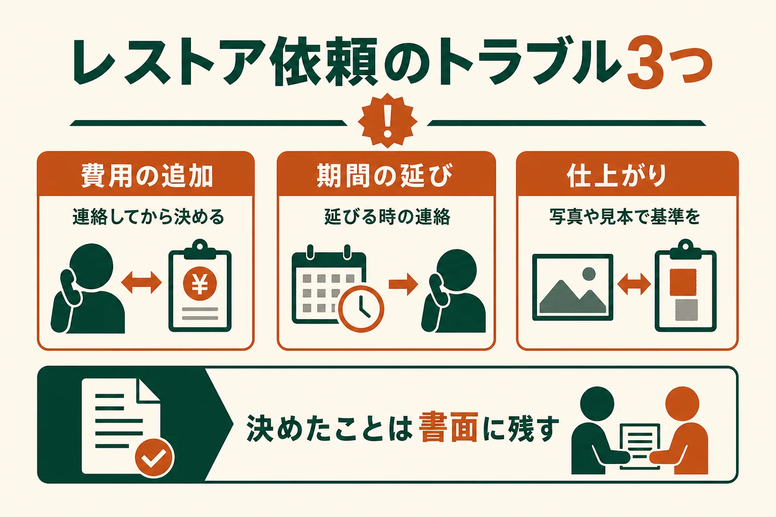 レストア依頼のトラブルを、費用の追加・期間の延び・仕上がりの食い違いの3つに分け、それぞれ契約前に決めることを並べた図解