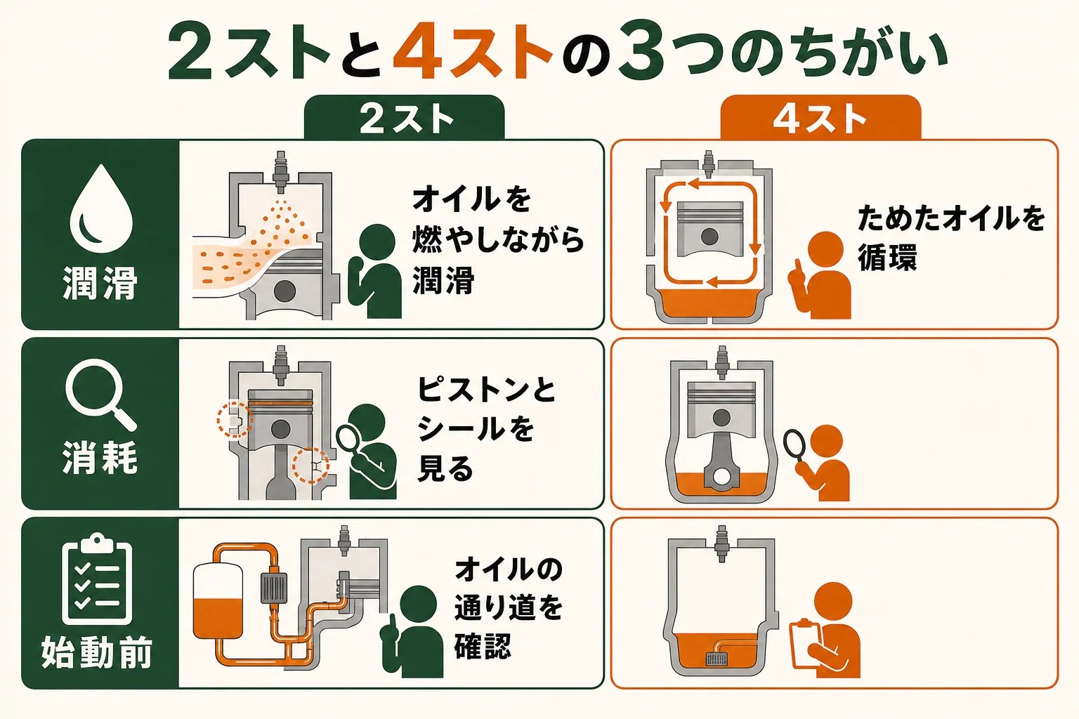 2ストと4ストのバイクを、潤滑の仕組み・消耗しやすい部品・始動前の点検の3つで比べた図解