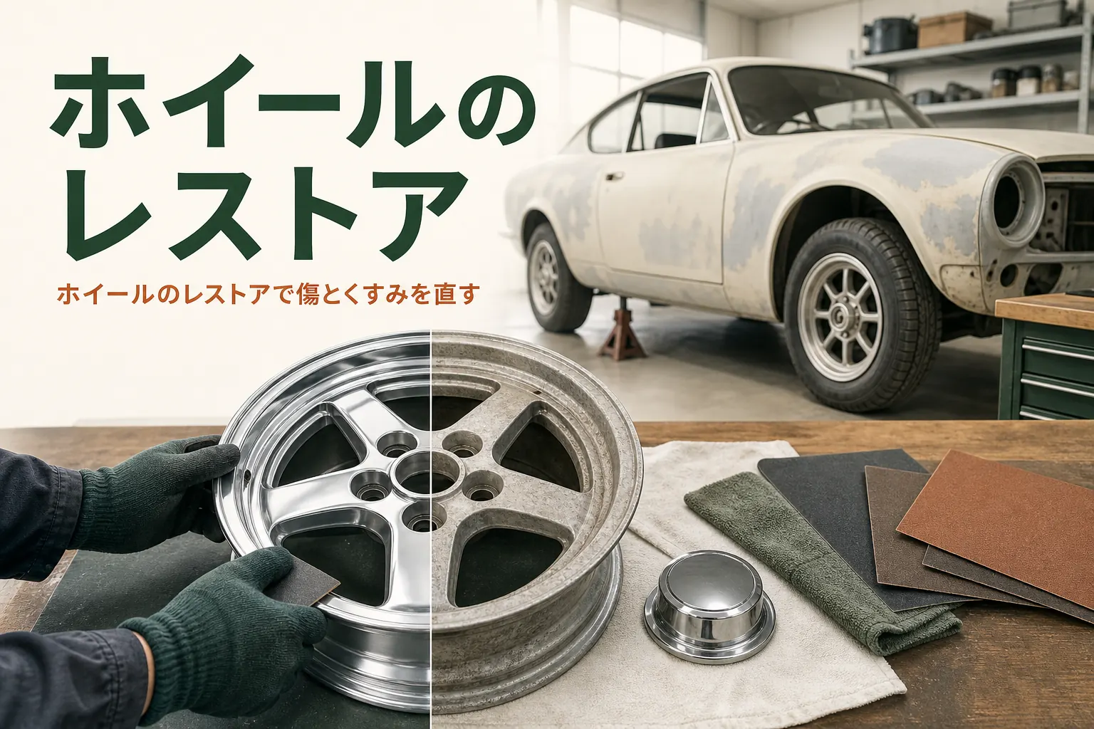 ホイールのレストアを紹介する記事のアイキャッチ。半分だけ磨いたアルミホイール