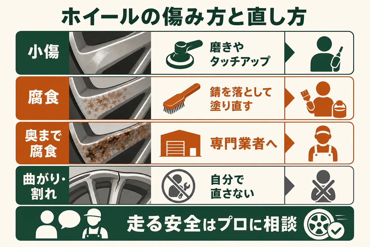 ホイールの傷みを小傷・腐食・曲がりの3つに分け、自分で直すか専門業者に頼むかを示した早見図